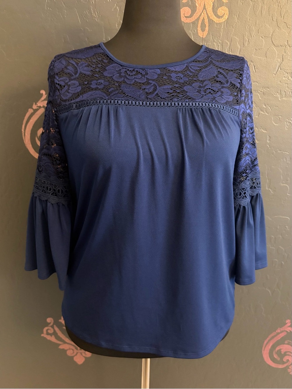 new directions Navy Lace Yoke Bell Sleeve Blouse